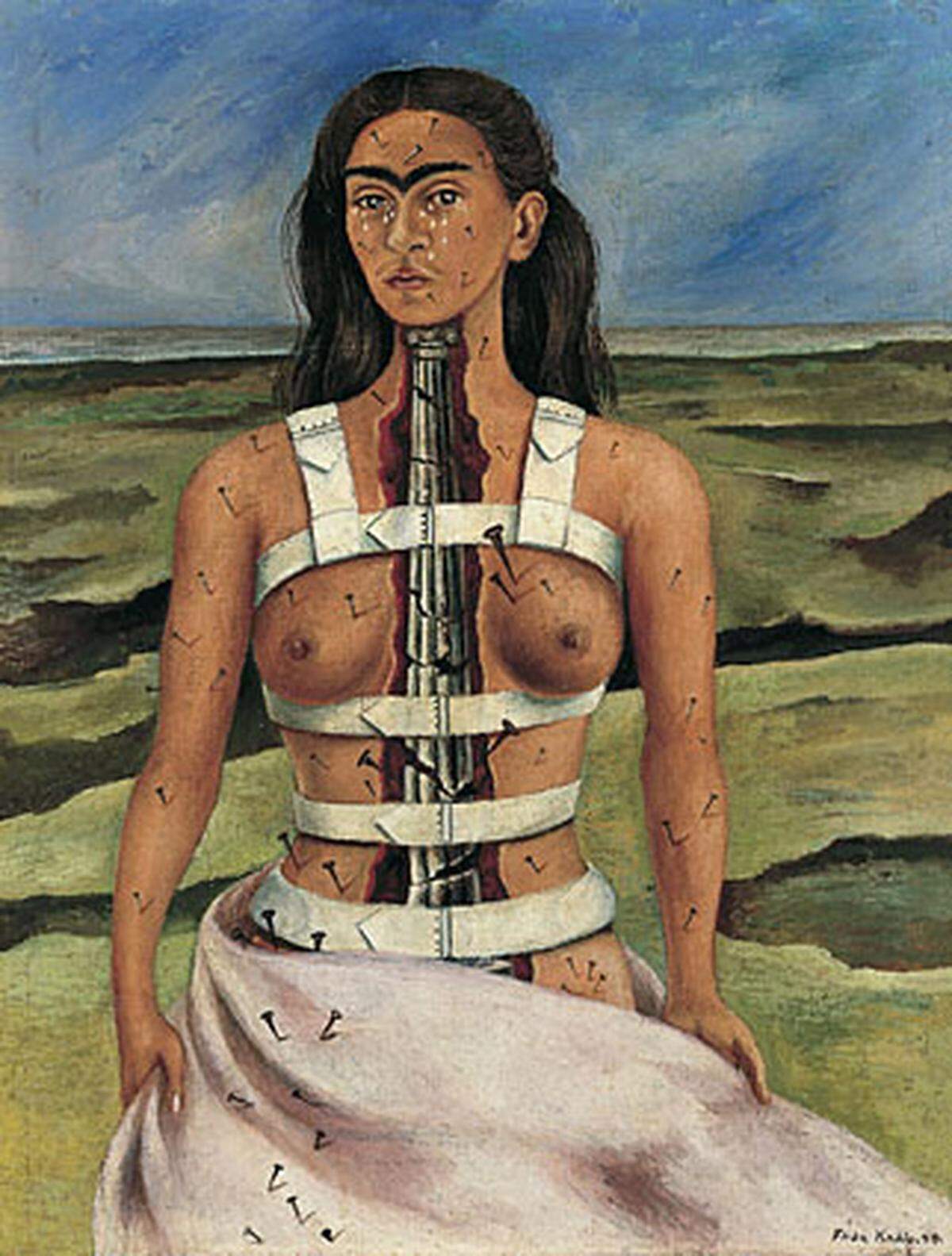 Mit 18 hatte Kahlo einen schweren Busunfall: Eine Stahlstange bohrte sich durch ihr Becken. Monatelang war sie in einem Gipskorsett ans Bett gefesselt, wo sie anfing, sich selbst zu malen.   Frida Kahlo: Die zerbrochene Säule (La columna rota), 1944 Museo Dolores Olmedo Patiño, Xochimilco, Mexiko-Stadt 