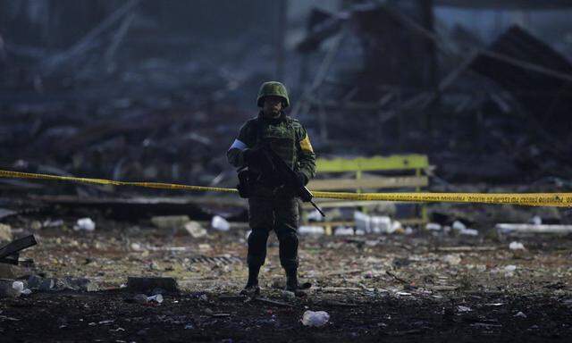 A soldier stands guard near the wreckage of houses destroyed in an explosion at the San Pablito fireworks market in Tultepec