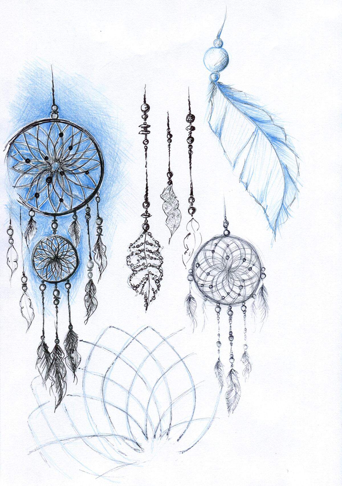 Ein Traumfänger aus weißen und schwarzen Diamanten sowie blauen Saphiren, Titan und Weißgold wurde aus dieser Zeichnung von Michelle Ong.