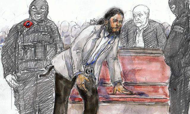 Eine Zeichnung von Abdeslams Gerichtsverhandlung im Februar.