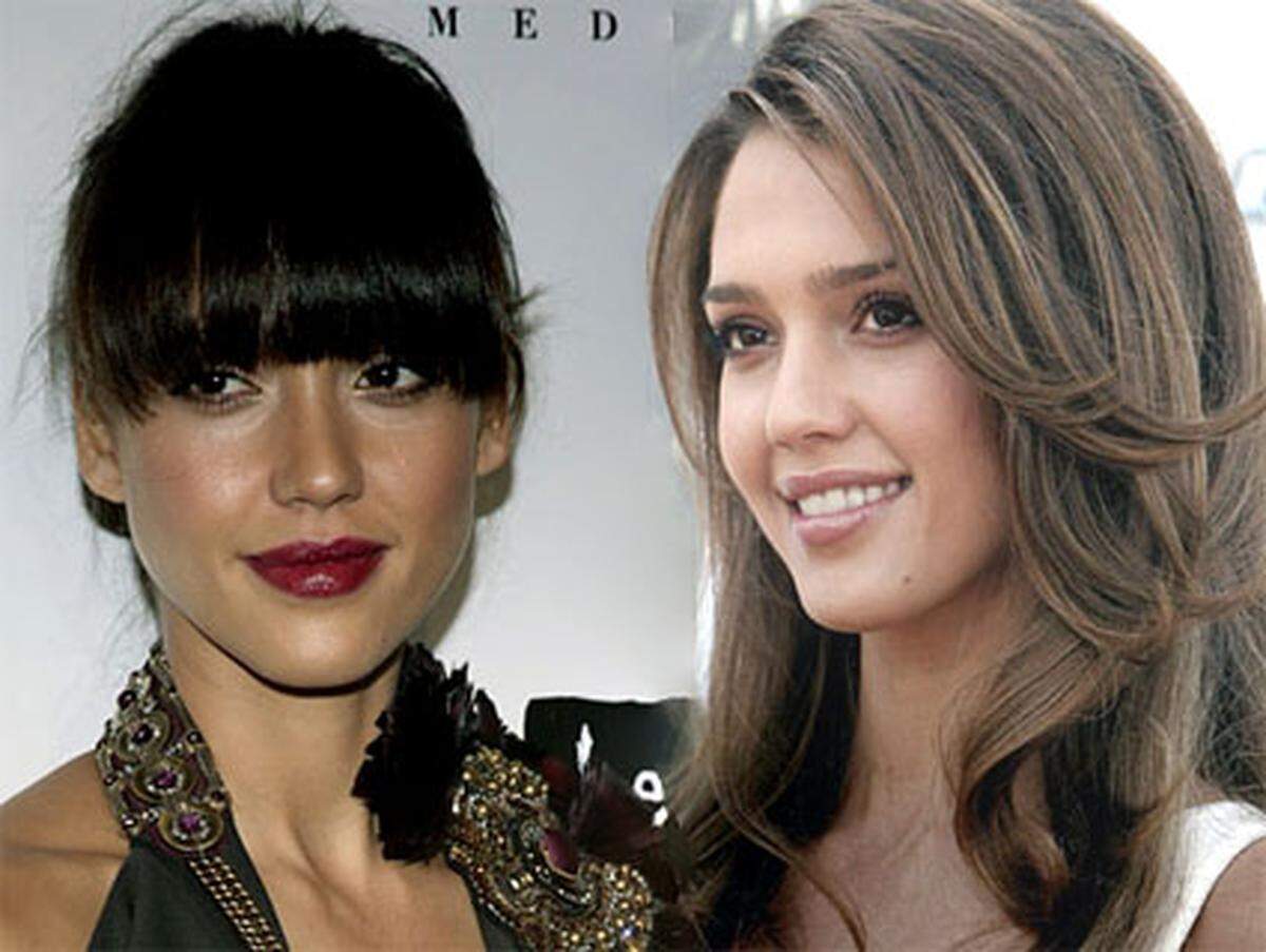Jessica Alba glich 2007 (rechts) noch der Unschuld vom Lande, ein Jahr später lässt sie sich strenge Stirnfransen schneidern und verwandelt sich in eine Nachwuchs- Femme Fatal.