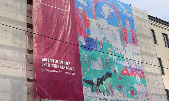 "Mein Wien": Das Gewinnerbild eines Malwettberbs ziert das Baugerüst eines Sanierungsprojekts in Wien Ottakring.