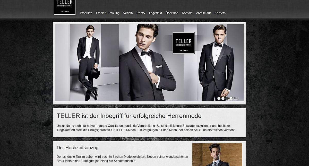 Die Farbpalette der teller.at-Website erinnert schon etwas an die Produkte. Das Modehaus bietet auch im Internet Anzüge für jeden Anlass, sei es eine Hochzeit oder ein Geschäftsessen, an.