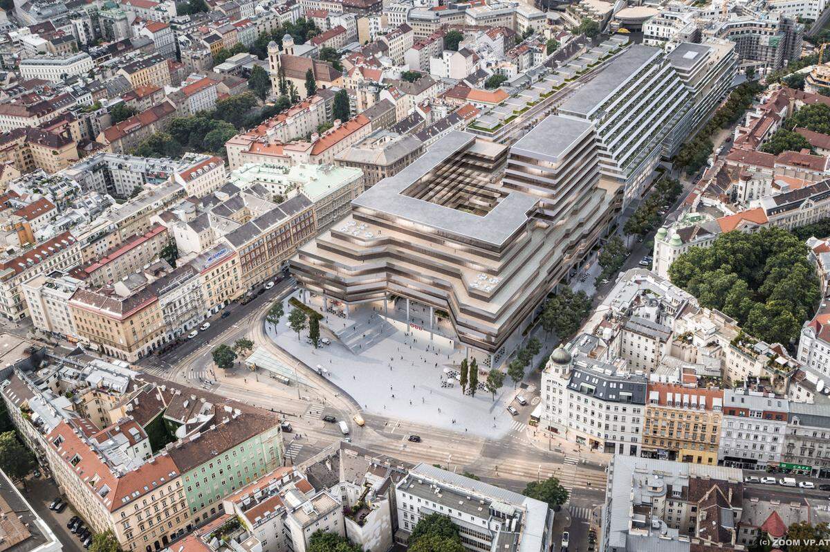 Der vordere Teil direkt über dem Bahnhofseingang war nicht Teil des Architekturwebttwerbs: Das Bürogebäude von Karl Schwanzer aus den 1970ern wird saniert und bleibt erhalten.