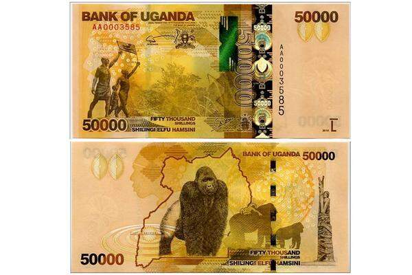 Wir wechseln den Kontinent: Im Jahr 2010 hat sich Uganda den Titel für die schönste Banknote geholt. Der 50.000-Schilling-Schein ist den Berggorillas gewidmet. Die andere Seite zeigt den Regenwald und das "Stride Monument" in Kampala.