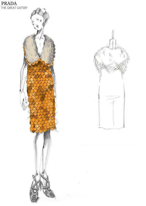 Oranges Organza-Kleid mit Kunststoff-Pailletten in Form von Fischschuppen. Inspiriert wurde es von der Herbst/Winter 2011-Kollektin.