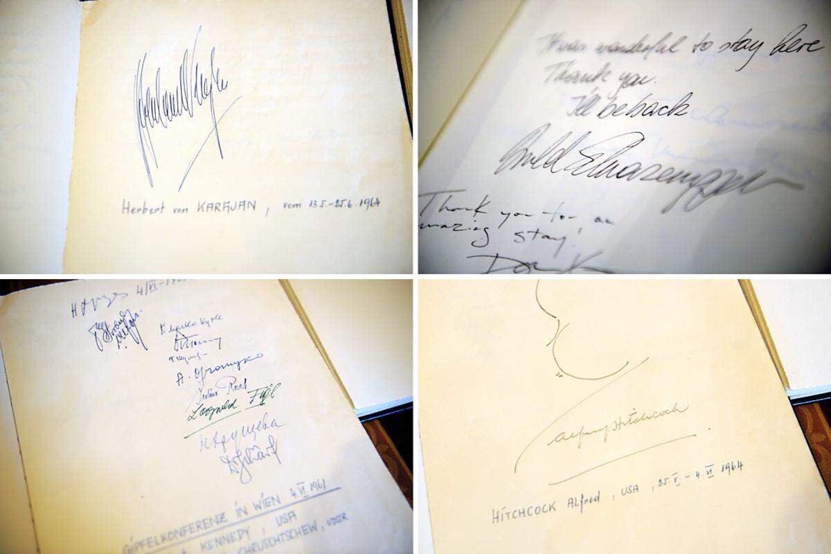 In den Gästebüchern finden sich Dutzende Einträge prominenter Gäste.  Im Bild: Gästebucheinträge von Herbert von Karajan (o.l.), Arnold Schwarzenegger (o.r.), Alfred Hitchcock (u.r.) und diversen Politikern (anlässlich des Gipfeltreffens Kennedy-Chruschtschow 1961 in Wien)