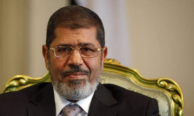 Egypt's President Mursi smiles during meeting with South Korea's presidential envoy and former Foreign Minister Yu at the presidential palace in Cairo