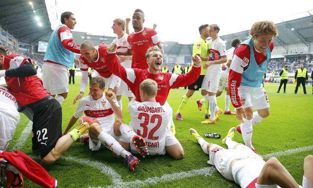 VFB Stuttgart's players celebrate after defeating SC Paderborn during their German Bundesliga first division soccer match in Paderborn