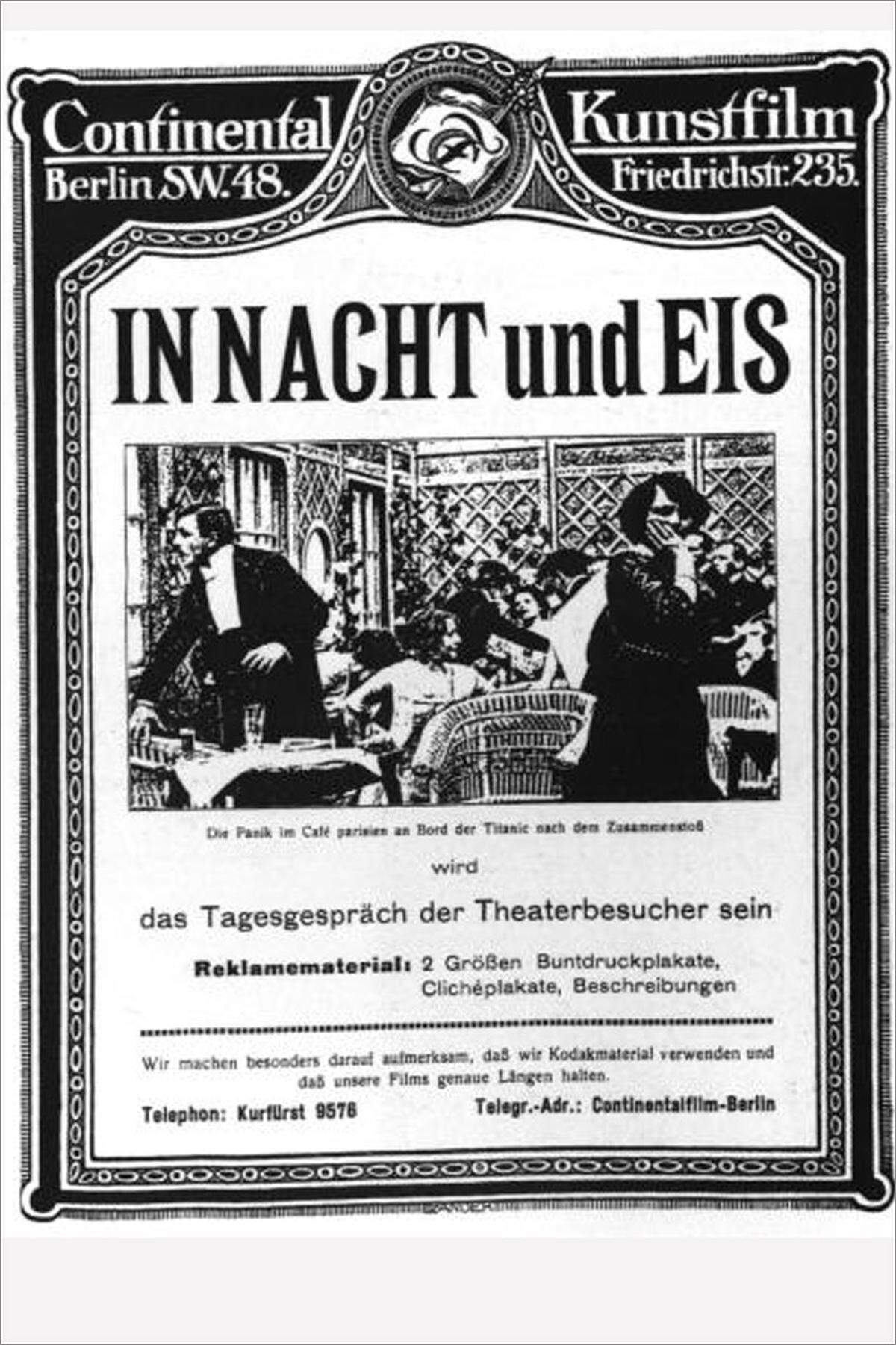 Nur drei Monate später kam der etwa halbstündige deutsche Stummfilm "In Nacht und Eis" heraus, der als erster Spielfilm zur Titanic gewertet wird und erst 1998 im Besitz eines deutschen Sammlers wiedergefunden wurde. Er ist auch online auf YouTube zu sehen.