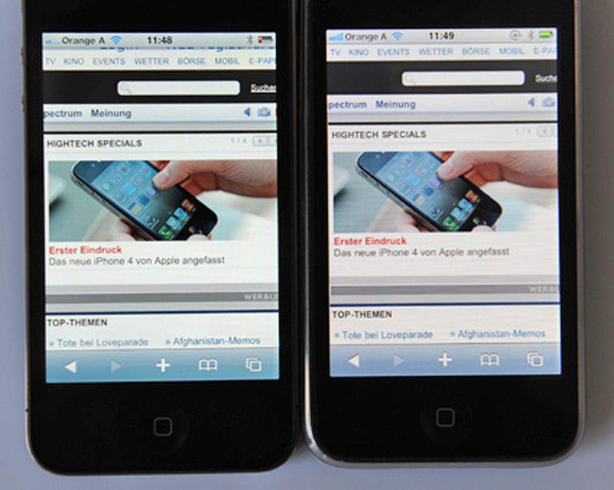 Der Effekt ist natürlich auch bei Websites spürbar. Hier erkennt man selbst bei komplett herausgezoomtem Text schon mehr von der Schrift als auf dem iPhone 3GS. Im Vergleich zum iPhone 4 wirkt der Bildschirm des Vorgängers fast schon unscharf und verwaschen.