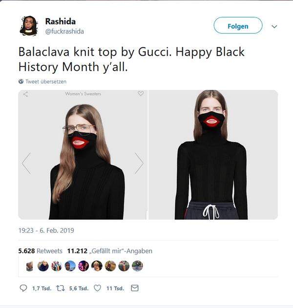 Ins Fettnäpfchen ist Gucci mit einem Pullover aus der Herbst/Winter-Kollektion getreten. Die untere Hälfte des Gesichts wird dabei bedeckt, nur der Mund bleibt frei. Das erinnere zu sehr an das rassistische Blackface und das noch dazu, wo in den USA gerade der Black History Monat stattfindet. So lautet die Kritik im Web.