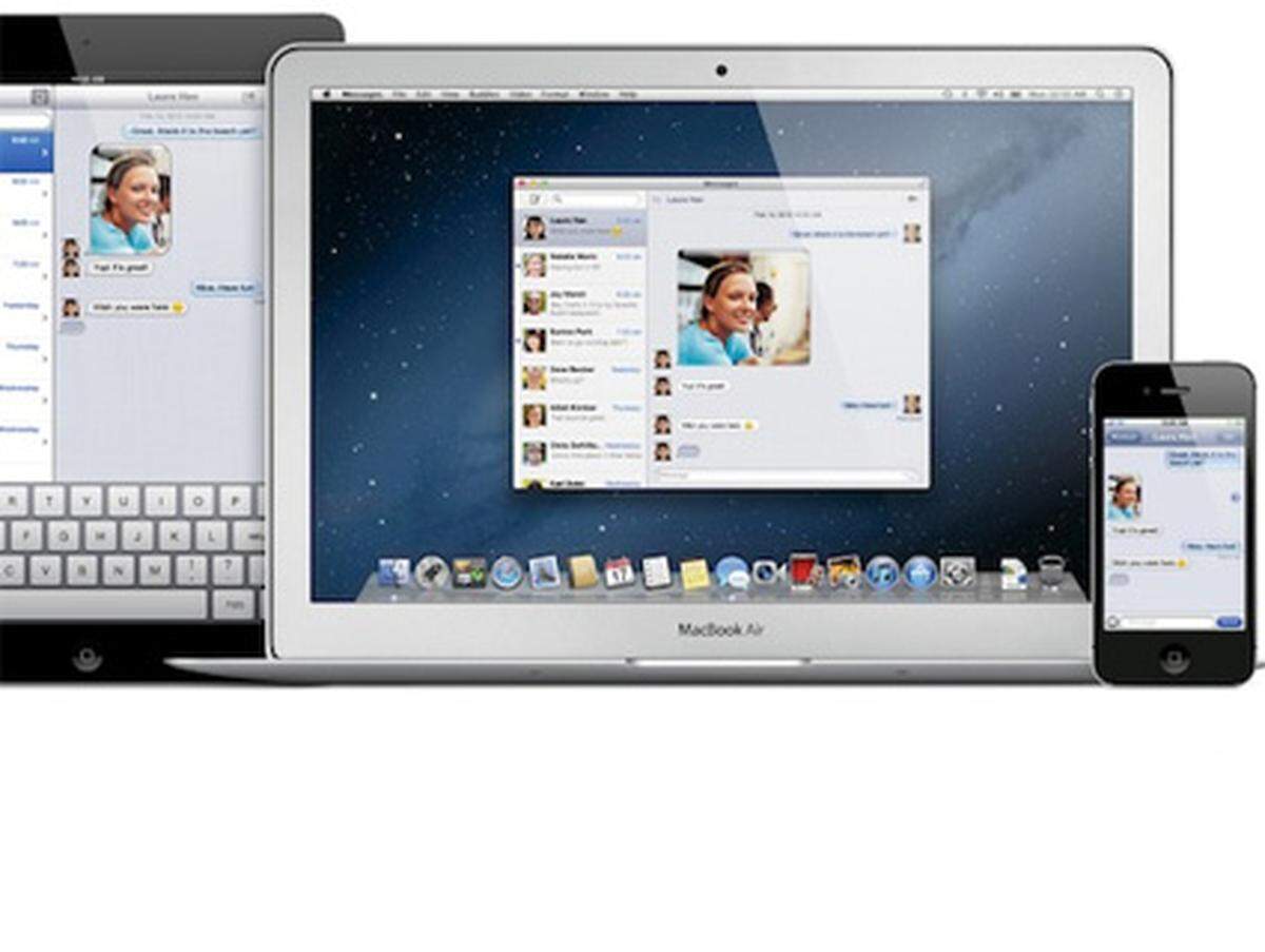 iChat macht in 10.8 einem neuen Messenger-Programm Platz, das schlicht Messages getauft wurde und defacto dasselbe ist wie iMessages auf iPad und iPhone. Damit können zwischen allen Nutzern mit Apple-ID kostenlos Nachrichten versendet werden - die Botschaften erscheinen dann auf iPhone, iPad und Mac.