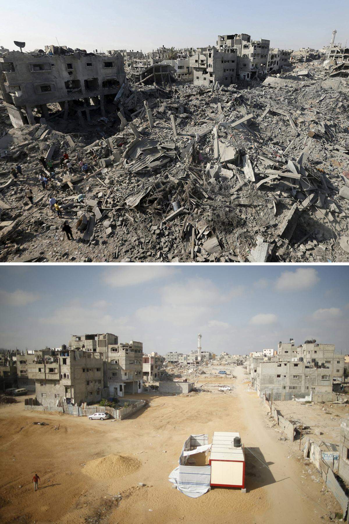 Ab 8. Juli 2014 flog Israel Luftangriffe auf den Gazastreifen, beschossen Hamas-Truppen israelische Städte. 50 Tage dauerte der Krieg, er endete am 26. August vor einem Jahr. 2100 Palästinenser kamen ums Leben, die meisten davon Zivilisten. Auf israelischer Seite starben 73 Menschen, großteils Soldaten. Im Gazastreifen wurden mehr als 12.000 Wohnungen wurden zerstört, 100.000 beschädigt. - wiederaufgebaut wurde bisher nichts. Am 1. August 2014 entstand das obere Bild im Viertel Sehjaia im Osten von Gaza-Stadt. Ein Jahr später wurden die Trümmer beiseite geräumt, aufgebaut wurde nichts.