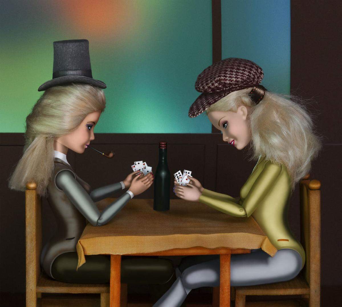 An einem Tisch nehmen die Puppen in "Die Kartenspieler" von Paul Cézanne Platz.