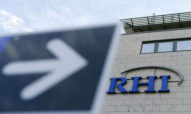 The logo of Austrian specialised fireproof materials maker RHI is pictured at an office park building where its headquarters is located in Vienna