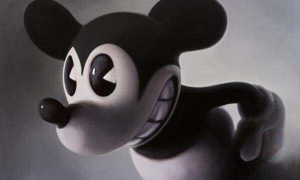 Die Darstellung der grimmigen Mickey Mouse ist eines der berühmtesten Motive von Gottfried Helnwein: Mickey wird nicht bunt und niedlich, sondern dunkel und bedrohlich präsentiert, Schätzpreis: 70.000 – 140.000 €.