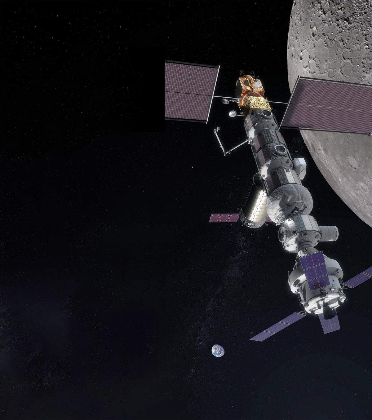 Es liegen Planungen für eine umlaufende Mondstation vor, um Flüge zum Mond und zukünftig auch zum Mars vorbereiten zu können.