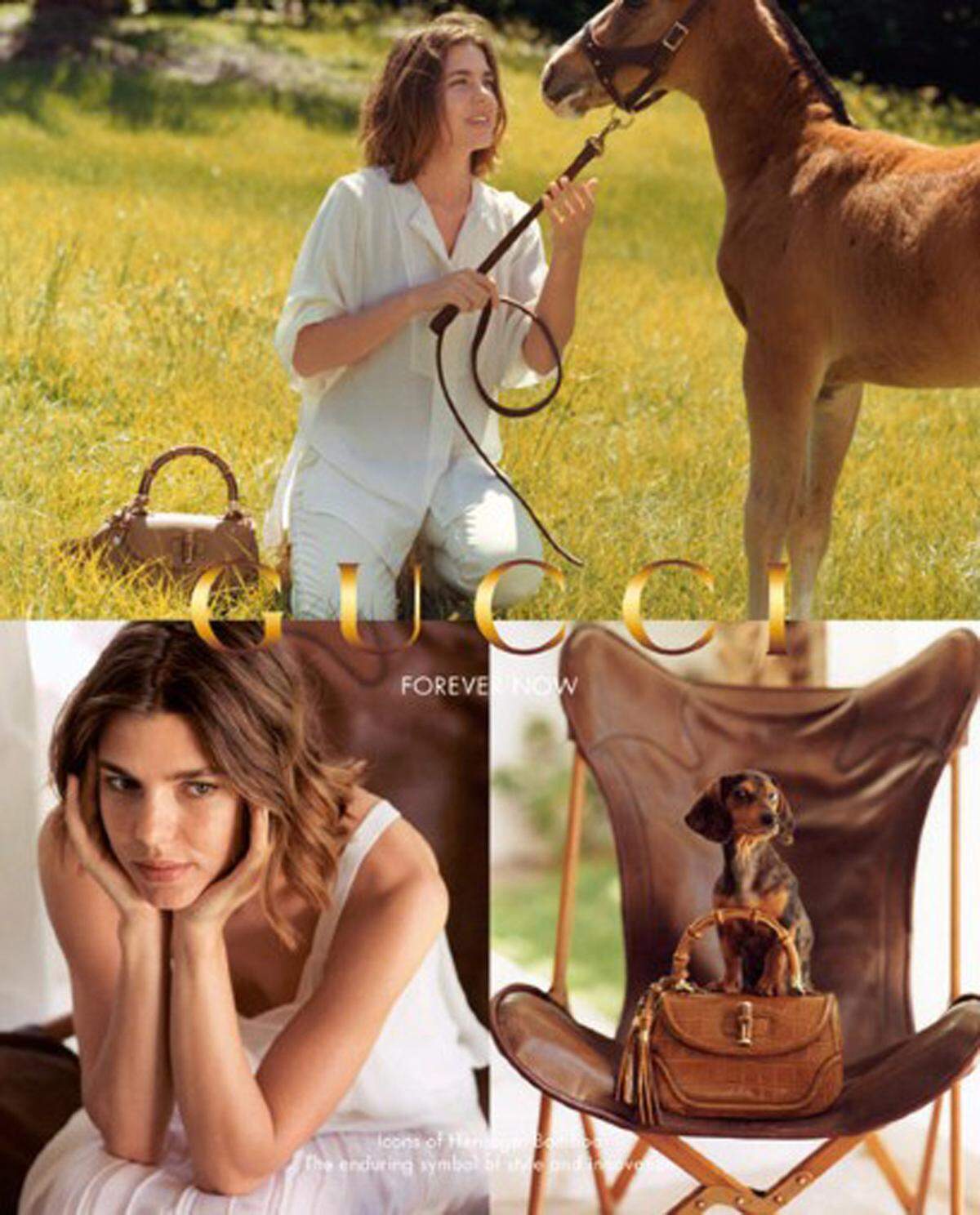 In der vierten und letzten Kampagne für die "Forever now"-Kampagne von Gucci posiert Charlotte Casiraghi mit einem Fohlen und Hunden um die Bamboo Bag des Modehauses zu bewerben. Die monegassische Schönheit war seit 2012 ein Gucci-Testimonial, jetzt läuft der Vertrag aus.