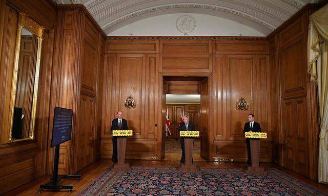 Auch in Großbritannien stehen Pressekonferenzen mehrmals wöchentlich auf dem Programm: Premier Boris Johnson (Mitte) mit seinem Chief Medical Officer für England, Chris Witty (links) und dem Chef des National Health Service NHS, Simon Stevens (rechts).