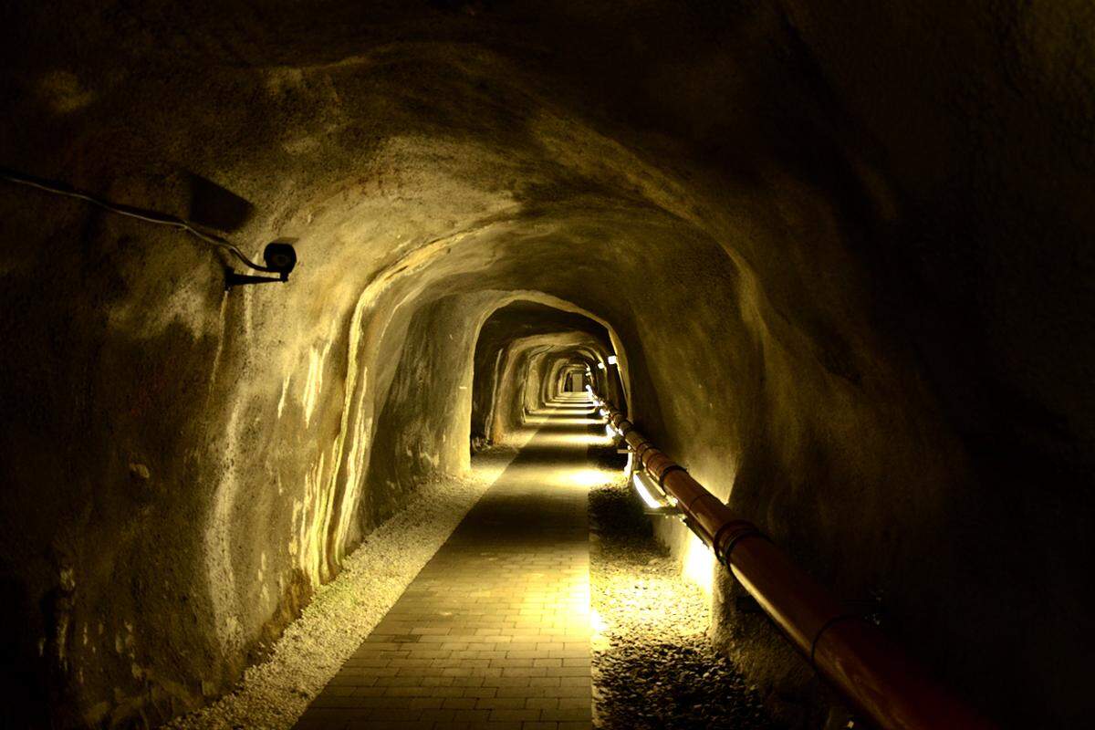 Ein schmaler Aufzug bringt maximal vier Personen 29 Meter tief in einen düsteren Stollen, der mit seinen unebenen Spritzbetonwänden sofort an ein Bergwerk erinnert. Es ist ein langer leerer Gang, der lediglich ein Zubringer zu den eigentlichen Datenstollen ist. Die Luft ist mit rund 21 Grad erstaunlich warm. "Wir nutzen die Abwärme der Rechner, um die Stollen zu heizen", erklärt Kapsch-BusinessCom-Chef Jochen Borenich. "Dann müssen die Techniker keine Anoraks tragen".