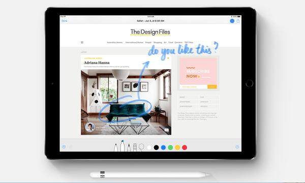 Screenshots erstellen, um dann darauf Notizen zu machen, ist in iOS 11 möglich. Gedruckte Dokumente können nachträglich bearbeitet werden. Beide neuen iPad-Modelle sollen ab dem 12. Juni erhältlich sein. Das 10,5 Zoll große Modell (64 GB) startet mit einem Preis von 730 Euro. Das 12,9 Zoll WiFi-Modell (ebenfalls 64 GB) kostet 900 Euro. Das 4G-Modell soll 1100 Euro kosten.