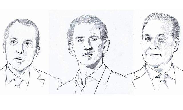 Gezeichnete Porträts von Christian Kern, Sebastian Kurz, Heinz-Christian Strache