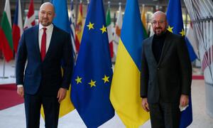 Charles Michel, Präsident des Europäischen Rates (rechts), und der ukrainische Premierminister, Denys Schmyhal.