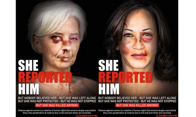 Christine Lagarde und Kamala Harris werden in einer Kunstaktion als Gewaltopfer porträtiert.