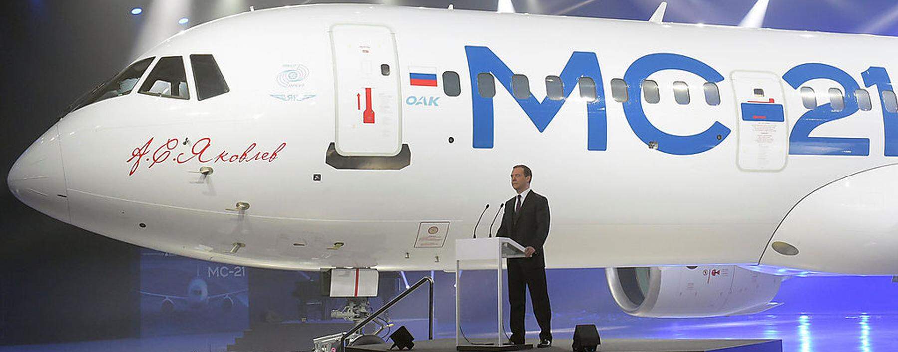 Russian Prime Minister Medvedev attends ceremony to present Irkut MC-21 jet airliner in Irkutsk