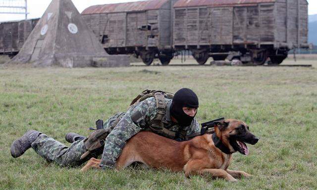 A member of Jagdkommando Austrian Special Operations Forces demonstrates his dogs skills in Wiener Neustadt