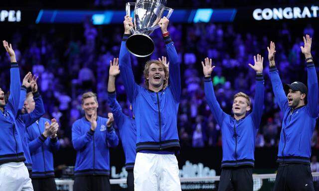 Team Europe pose with the trophy after winning the Laver Cup against Team World at the United Center