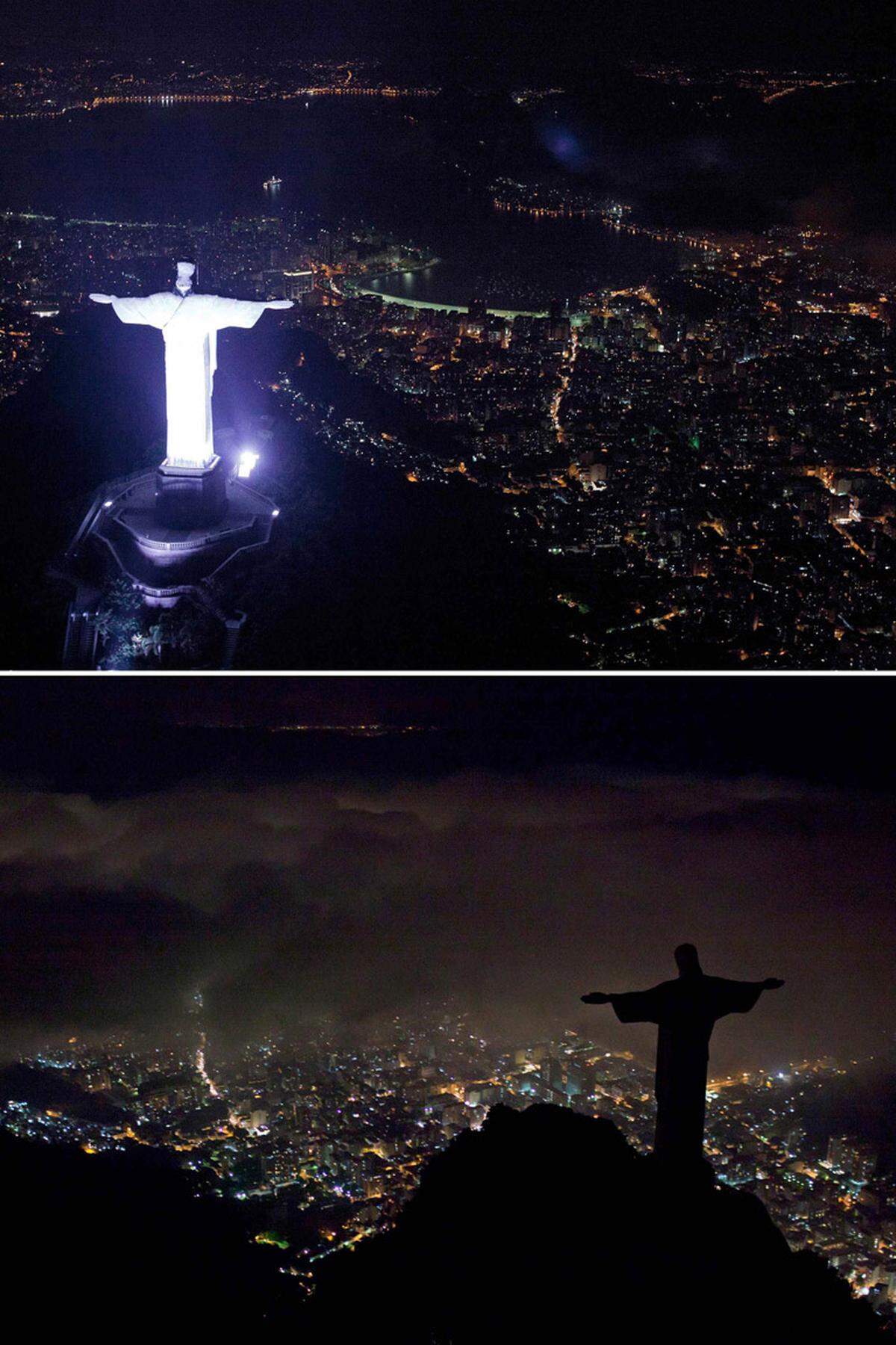 Die Statue von Christus dem Erlöser wacht im Dunkeln über Rio de Janeiro.