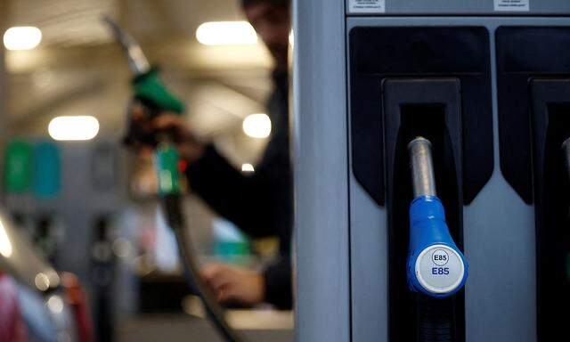 A fuel nozzle of Superethanol E85 is seen at a petrol station in Mont-de-Marsan