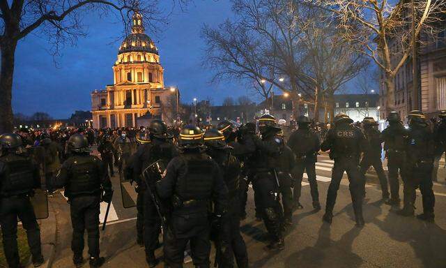 Demonstration In Paris After The Result Of The Motion De Censure Police surround protesters in the Place Vauban, in fron