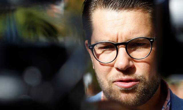 Sweden Democrats party leader Jimmie Akesson speaks during election day, in Stockholm