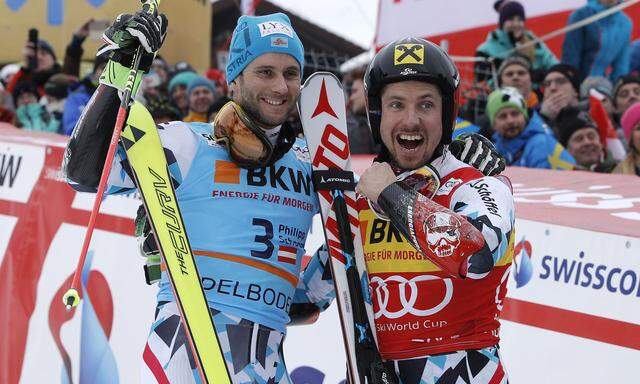 Als die rot-weiß-rote Skiwelt noch in Ordnung war: Philipp Schörghofer (l.) und Marcel Hirscher teilen sich das Podest in Adelboden.