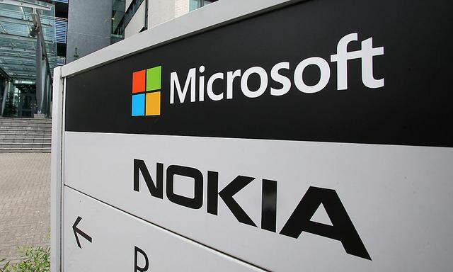 A view of Microsoft and Nokia signs in Peltola, Oulu