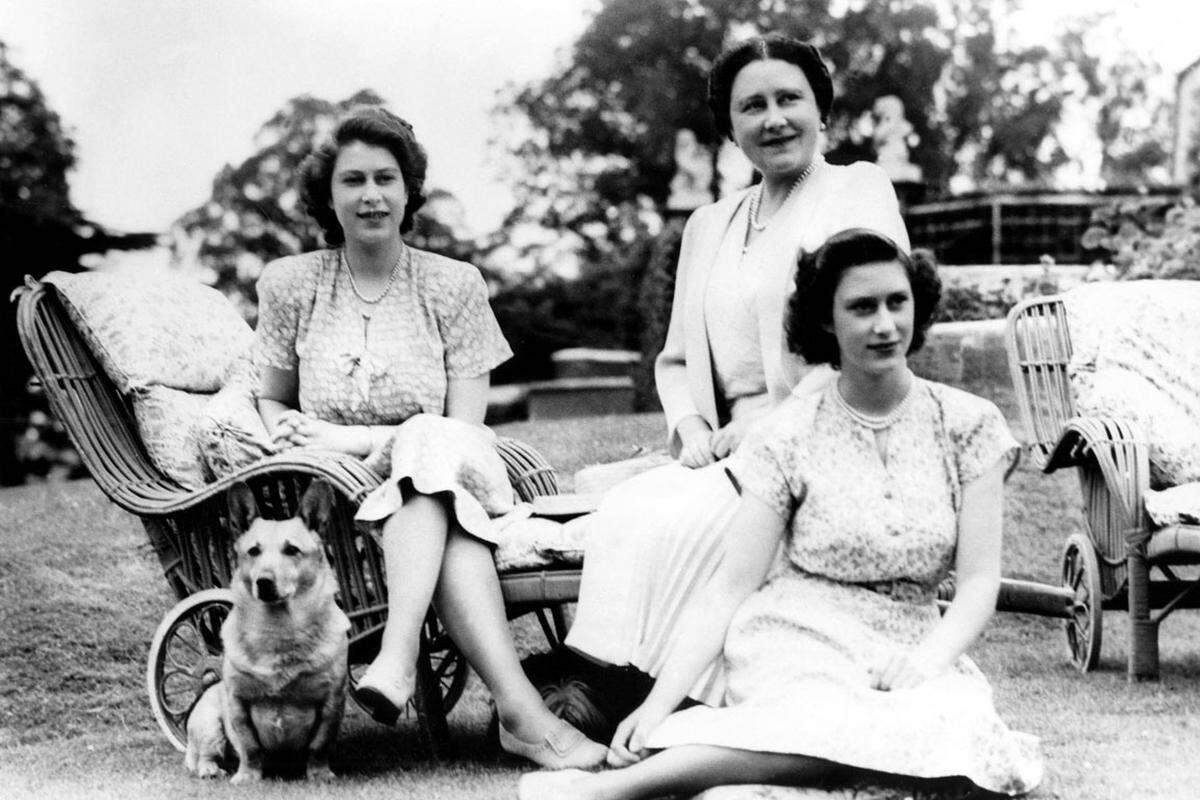 Dorgis sind eine Mischung aus Corgis und Dackeln. Den ersten Dorgi im königlichen Rudel verdankt die Queen Dackel "Pipkin", dem Hund ihrer Schwester Prinzessin Margaret, der wohl Gefallen an der herrschaftlichen Corgi-Dame "Tiny" fand. Corgi "Susan" entspannt mit den Prinzessinen Elizabeth und Margaret und deren Mutter im Garten von Windsor Castle, Juli 1946.