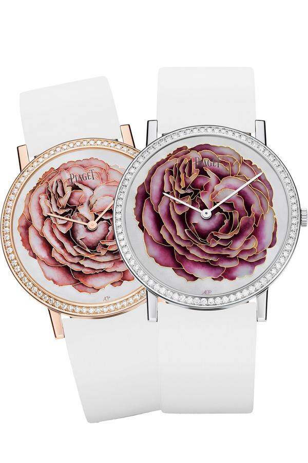 Piaget „Rose Passion Piaget Altiplano 38 mm“: Die sechs Unikate der Serie „Metiers d’ Art“ stellen allesamt die gleiche Yves-Piaget-Rose dar, allerdings in unterschiedlichen Farbschattierungen.