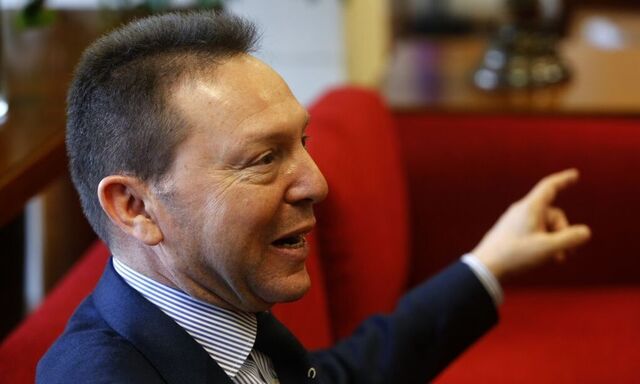 Greek Finance Minister Yannis Stournaras is seen in his office in Syntagma square in Athens