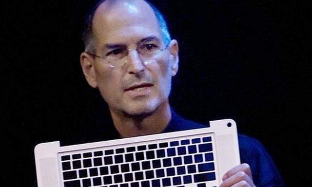 File photo of Steve Jobs introducing the new MacBooks aluminum laptop enclosure at a news conferences aluminum laptop enclosure at a news conference