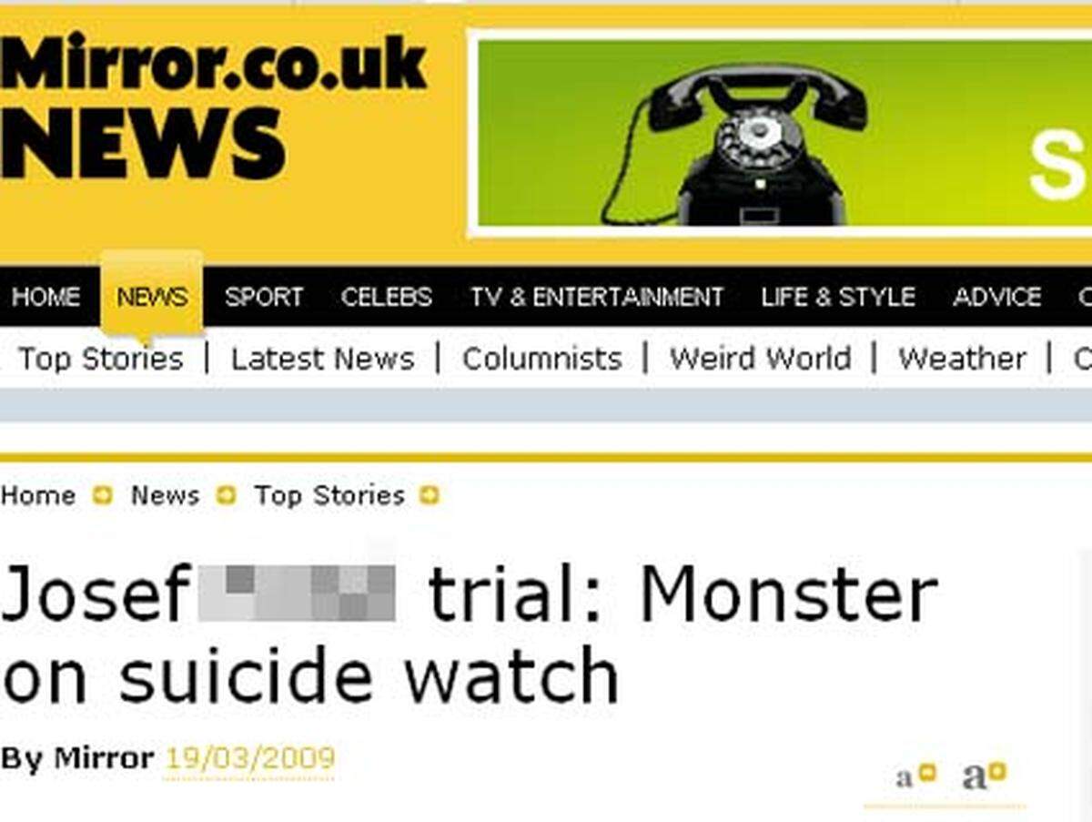 Auch "The Daily Mirror" (online) beobachtete den Angeklagten während des Prozesses: "(...) Aber der flüchtige Blick auf die Tochter, die er ab dem elften Lebensjahr missbraucht hatte, berührte das Monster (...)"