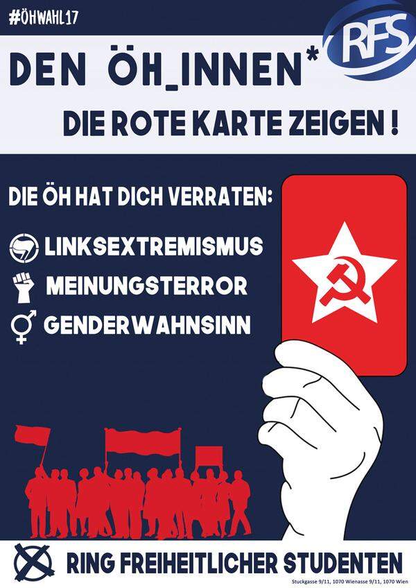 Der Ring Freiheitlicher Studenten (RFS) klagt darüber, dass seine Plakate gestohlen oder zerstört werden. Er hat deshalb schon im Vorfeld einen privaten Sicherheitsdienst mit der Überwachung der Plakate beauftragt. 