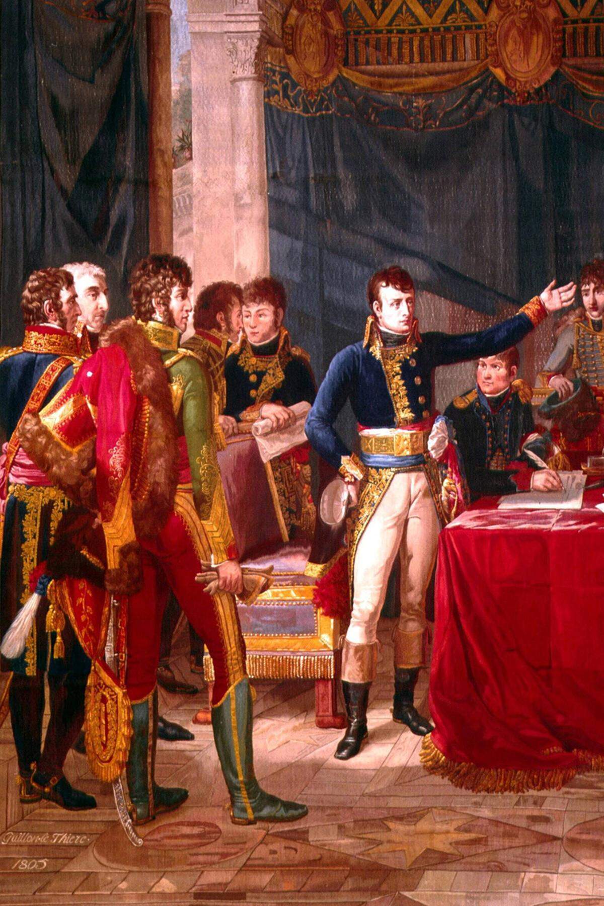 Napoléon beugt sich dem Druck: Am 6. April dankt er zugunsten seines (einzigen legitimen) Sohnes Napoléon Franz Joseph Karl Bonaparte in Fontainebleau als Kaiser der Franzosen ab. Doch die Machtübergabe an den damals gerade Dreijährigen genügt den Alliierten nicht. Sie verlangen die bedingungslose Abdankung und legen Napoléon am 11. April 1814 eine entsprechende Urkunde vor.