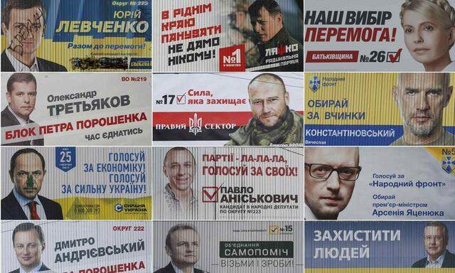 A combination photo shows pre-election posters as they are seen on the streets of Kiev