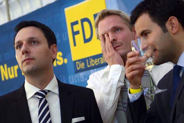 Ganz andere Stimmung bei der FDP: Lange Gesichter herrschten vor - kein Wunder, fällt man doch aus dem deutschen Bundestag, und das als kleiner Partner einer Koalition.