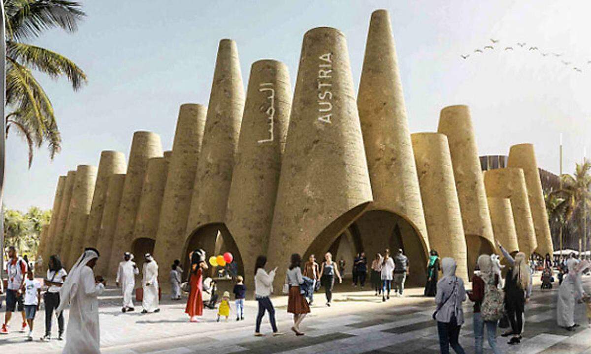 "Connecting Minds, Creating the Future" heißt das Motto der Expo 2020 in Dubai – der ersten in einem arabischen Land. Der Österreich-Pavillon der Weltausstellung wird vom Wiener Architekturbüro querkraft beigesteuert: Aus traditionellem Stampflehm und moderner Technik in Kegelform gebaut, nimmt er es mit hitzigen Temperaturen und Diskussionen auf. "Als Metapher dient das Wiener Kaffeehaus, das für interdisziplinären Dialog und Austausch steht", so die Architekten. (red., 19. 9. 2018)