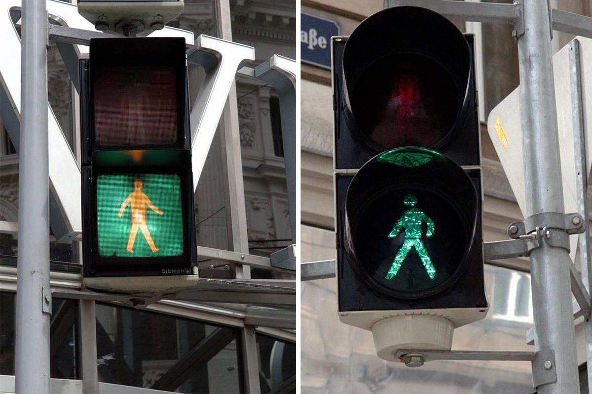 Aber auch in Wien hat das "Euromännchen" längst Fuß gefasst und macht den typisch österreichischen Fußgängerampeln - bei denen der Hintergrund, und nicht das Männchen in der Signalfarbe leuchtet - Konkurrenz.