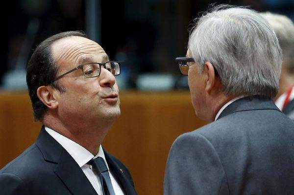 Frankreichs Präsident Hollande, hier mit Kommissionspräsident Juncker, zeigte in einer Art "good cop - bad cop" - Rollenverteilung Verständnis für Athen.